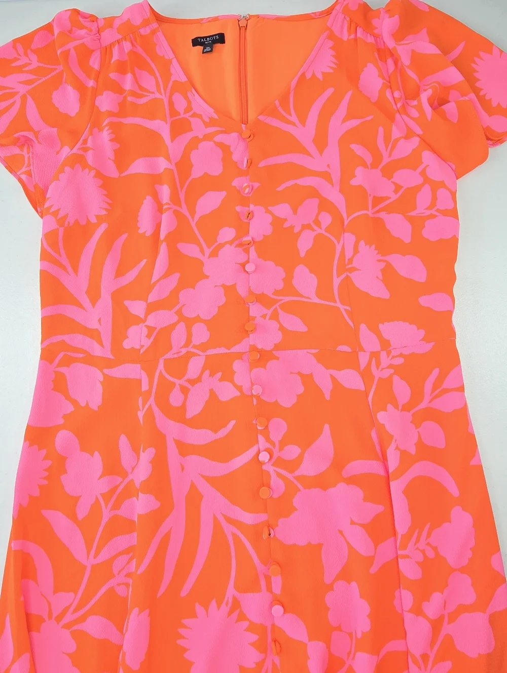 Talbots Orange & Pink Floral V Neck Flutter Sleeve Midi Dress Size 10P 10 Petite - Picture 5 of 10